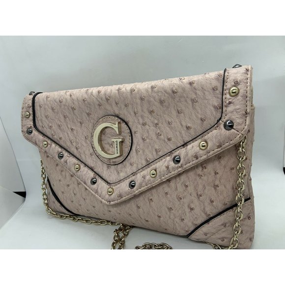 Guess Faux Ostrich Stud Purse with Chain Strap Tan Nude Beige Authentic - Picture 4 of 10